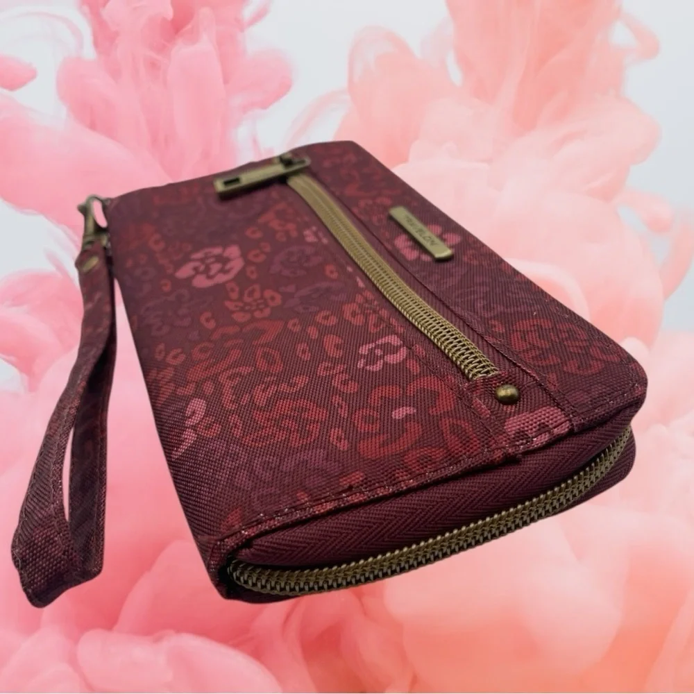 Travelon RFID Blocking Single Zip Wallet Floral Burgundy Rose Design
